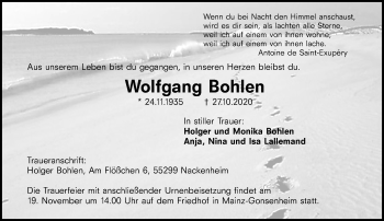 Traueranzeige von Wolfgang Bohlen von VRM Tageszeitungen