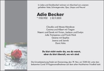 Traueranzeige von Adie Becker von vrm-trauer
