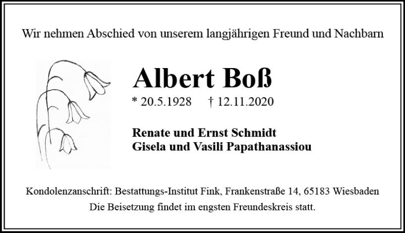  Traueranzeige für Albert Boß vom 18.11.2020 aus vrm-trauer