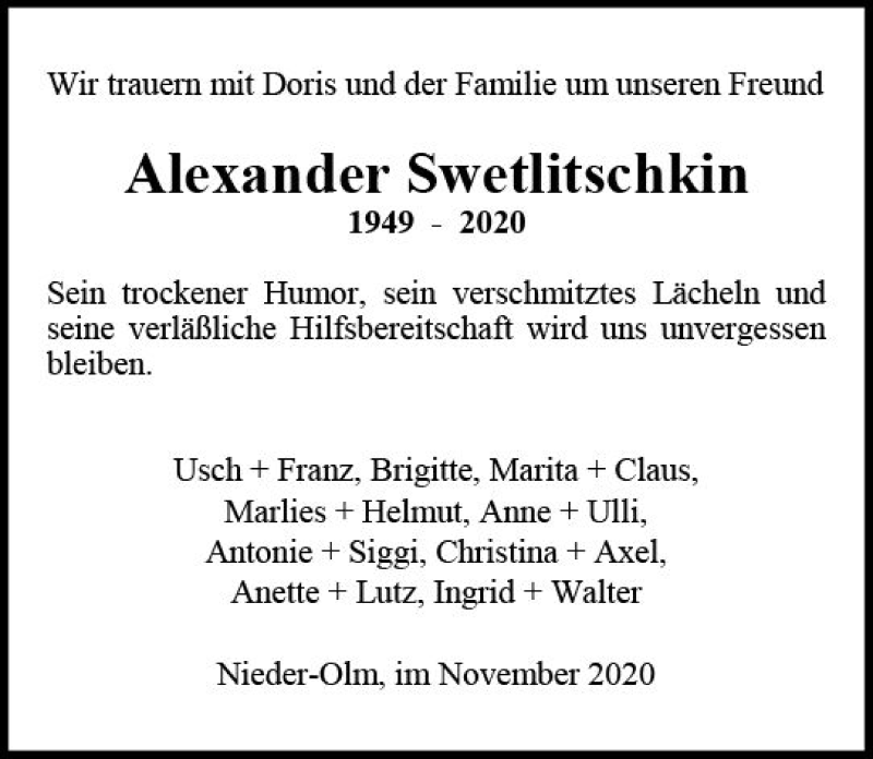  Traueranzeige für Alexander Swetlitschkin vom 10.11.2020 aus vrm-trauer