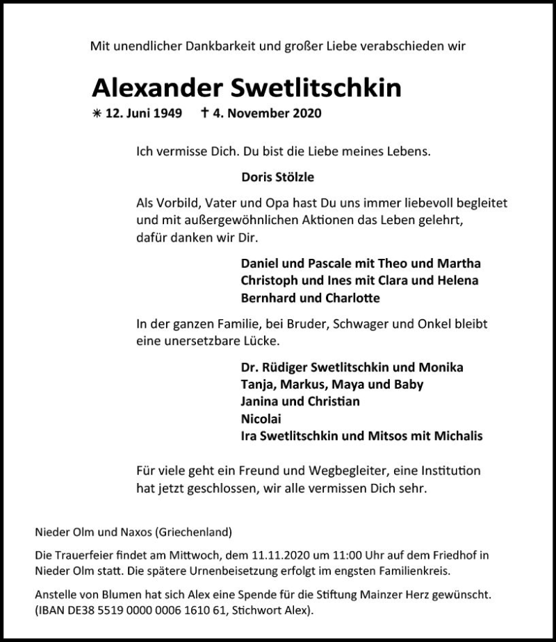  Traueranzeige für Alexander Swetlitschkin vom 10.11.2020 aus vrm-trauer