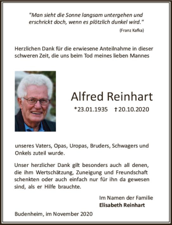 Traueranzeige von Alfred Reinhart von vrm-trauer