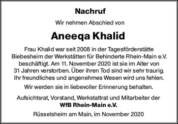 Traueranzeige von Aneeqa Khalid von vrm-trauer