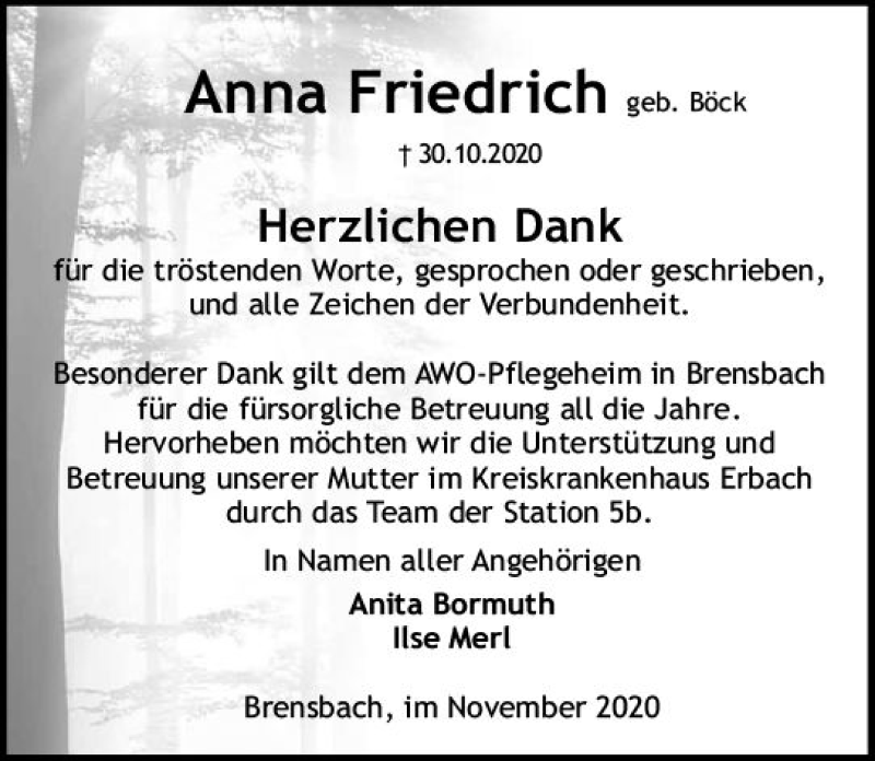  Traueranzeige für Anna Friedrich vom 28.11.2020 aus vrm-trauer