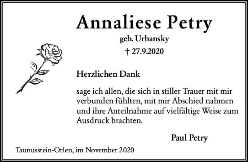  Traueranzeige für Annaliese Petry vom 07.11.2020 aus vrm-trauer