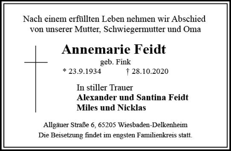  Traueranzeige für Annemarie Feidt vom 07.11.2020 aus vrm-trauer