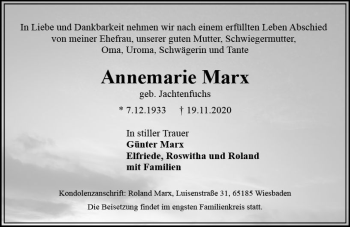 Traueranzeige von Annemarie Marx von vrm-trauer