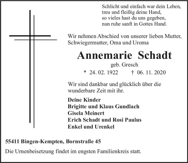  Traueranzeige für Annemarie Schadt vom 11.11.2020 aus vrm-trauer