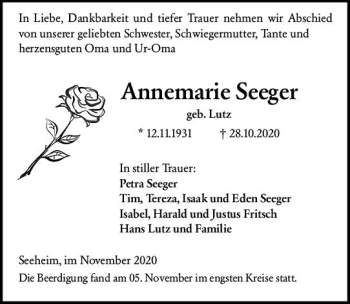 Traueranzeige von Annemarie Seeger von vrm-trauer