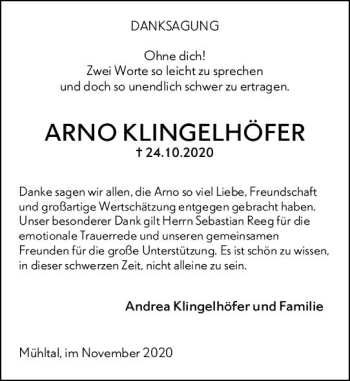 Traueranzeige von Arno Klingelhöfer von vrm-trauer