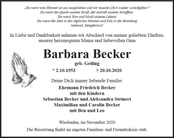 Traueranzeige von Barbara Becker von vrm-trauer