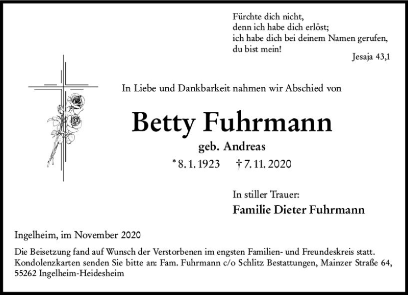 Traueranzeige für Betty Fuhrmann vom 21.11.2020 aus vrm-trauer