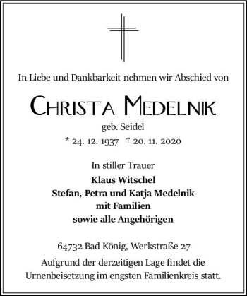 Traueranzeige von Christa Medelnik von vrm-trauer