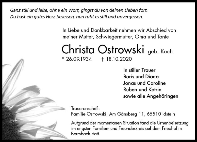  Traueranzeige für Christa Ostroski vom 07.11.2020 aus vrm-trauer