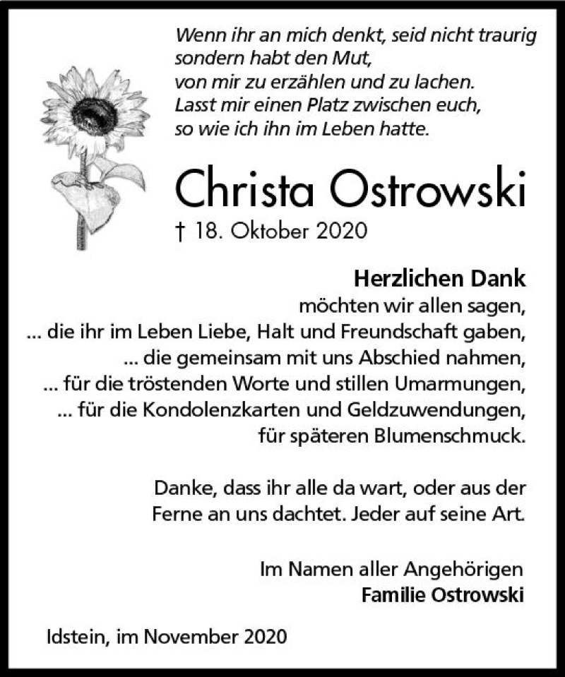 Traueranzeige für Christa Ostrowski vom 21.11.2020 aus vrm-trauer