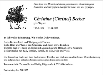 Traueranzeige von Christina  Becker von vrm-trauer