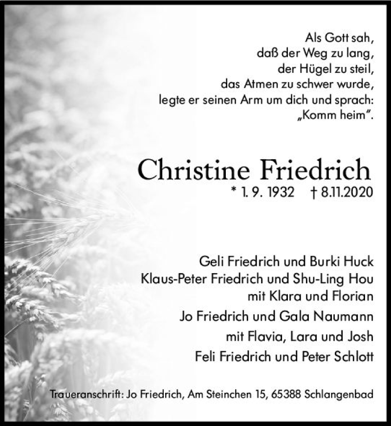  Traueranzeige für Christine Friedrich vom 11.11.2020 aus vrm-trauer