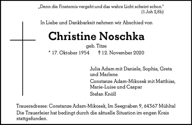  Traueranzeige für Christine Noschka vom 21.11.2020 aus vrm-trauer