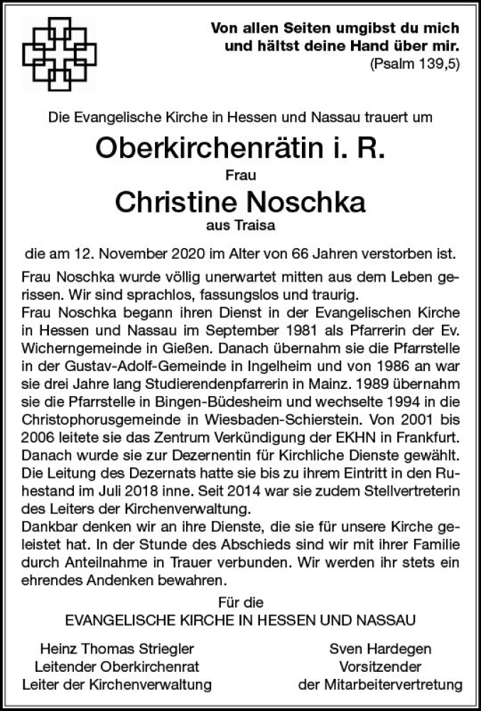  Traueranzeige für Christine Noschka vom 21.11.2020 aus vrm-trauer