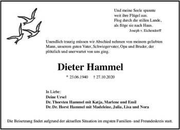 Traueranzeige von Dieter Hammel von vrm-trauer