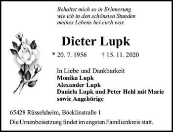 Traueranzeige von Dieter Lupk von vrm-trauer