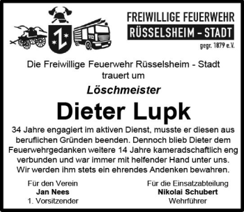 Traueranzeige von Dieter Lupk von vrm-trauer