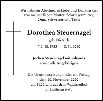 Traueranzeige von Dorothea Steuernagel von vrm-trauer