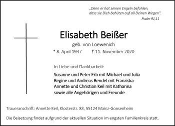 Traueranzeige von Elisabeth Beißer von vrm-trauer