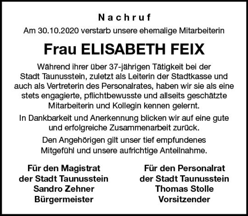  Traueranzeige für Elisabeth Feix vom 14.11.2020 aus vrm-trauer