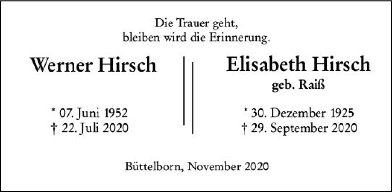  Traueranzeige für Elisabeth Hirsch vom 21.11.2020 aus vrm-trauer