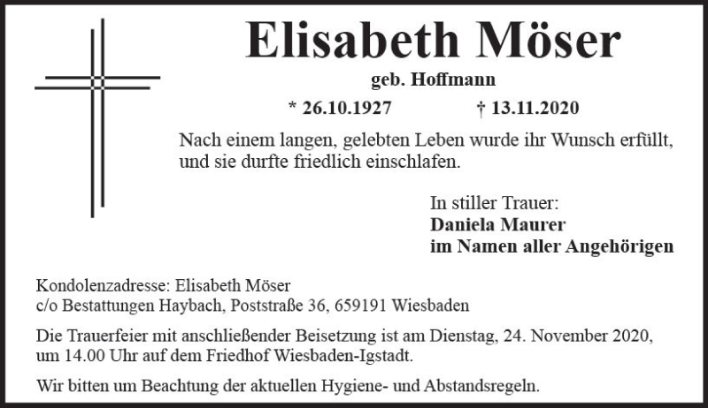  Traueranzeige für Elisabeth Möser vom 21.11.2020 aus vrm-trauer