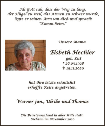 Traueranzeige von Elsbeth Hechler von vrm-trauer