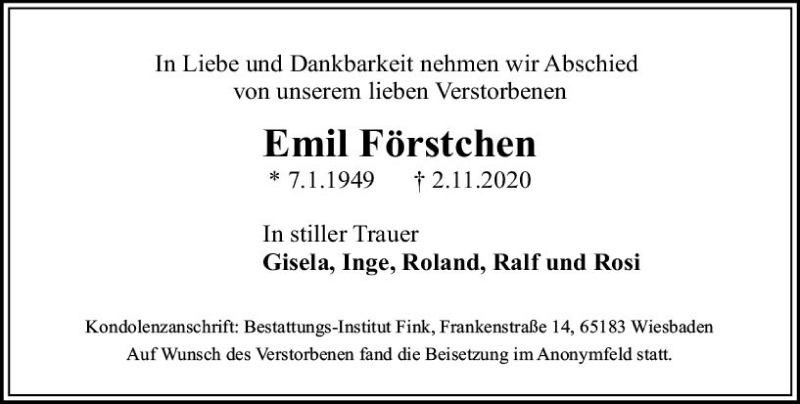  Traueranzeige für Emil Förstchen vom 21.11.2020 aus vrm-trauer