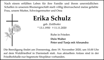 Traueranzeige von Erika Schulz von vrm-trauer