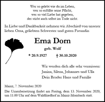 Traueranzeige von Erna Dorn von vrm-trauer