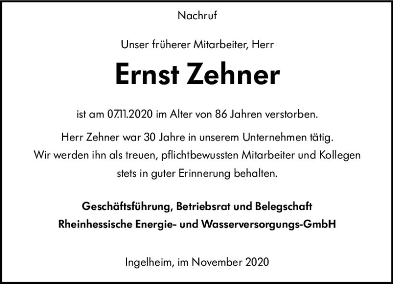  Traueranzeige für Ernst Zehner vom 21.11.2020 aus vrm-trauer