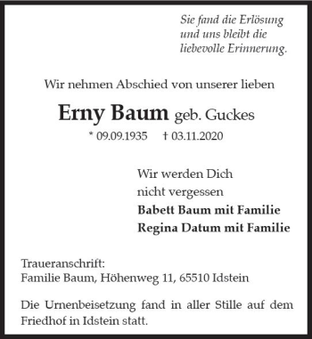 Traueranzeige von Erny Baum von vrm-trauer