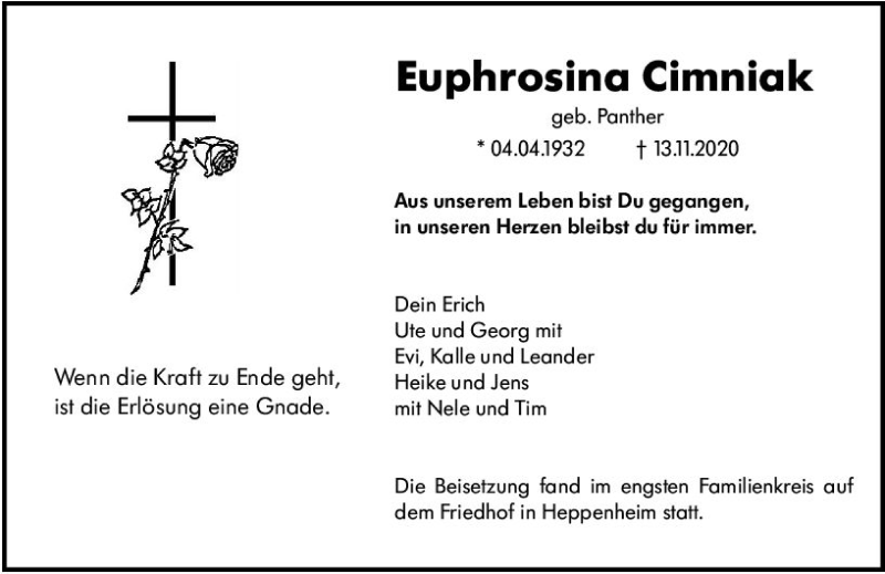  Traueranzeige für Euphrosina Cimniak vom 21.11.2020 aus vrm-trauer