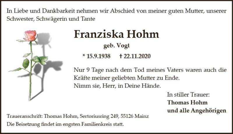  Traueranzeige für Franziska Hohm vom 28.11.2020 aus vrm-trauer