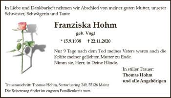 Traueranzeige von Franziska Hohm von vrm-trauer