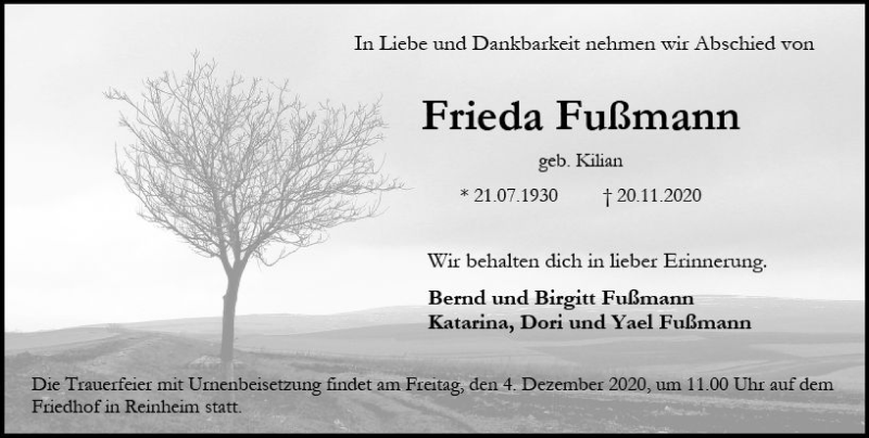  Traueranzeige für Frieda Fußmann vom 28.11.2020 aus vrm-trauer