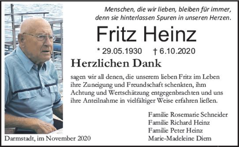  Traueranzeige für Fritz Heinz vom 21.11.2020 aus vrm-trauer