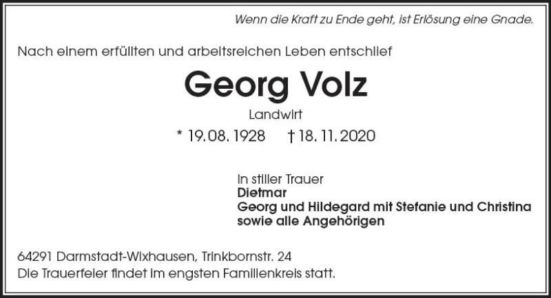  Traueranzeige für Georg Volz vom 21.11.2020 aus vrm-trauer