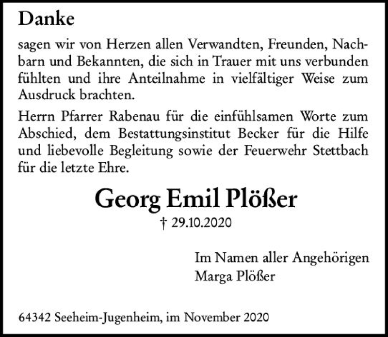  Traueranzeige für Georg Emil Plößer vom 21.11.2020 aus vrm-trauer