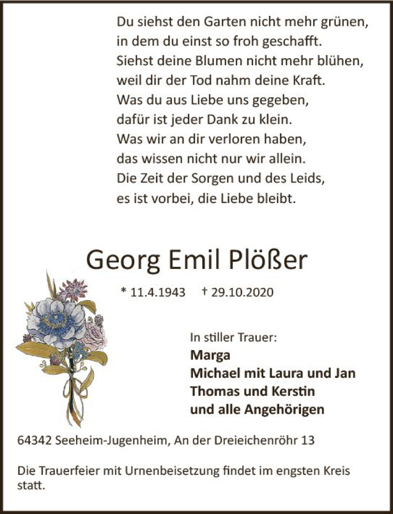  Traueranzeige für Georg Emil Plößer vom 04.11.2020 aus vrm-trauer
