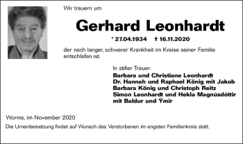 Traueranzeige von Gerhard Leonhardt von vrm-trauer