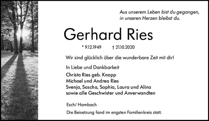  Traueranzeige für Gerhard Ries vom 07.11.2020 aus vrm-trauer