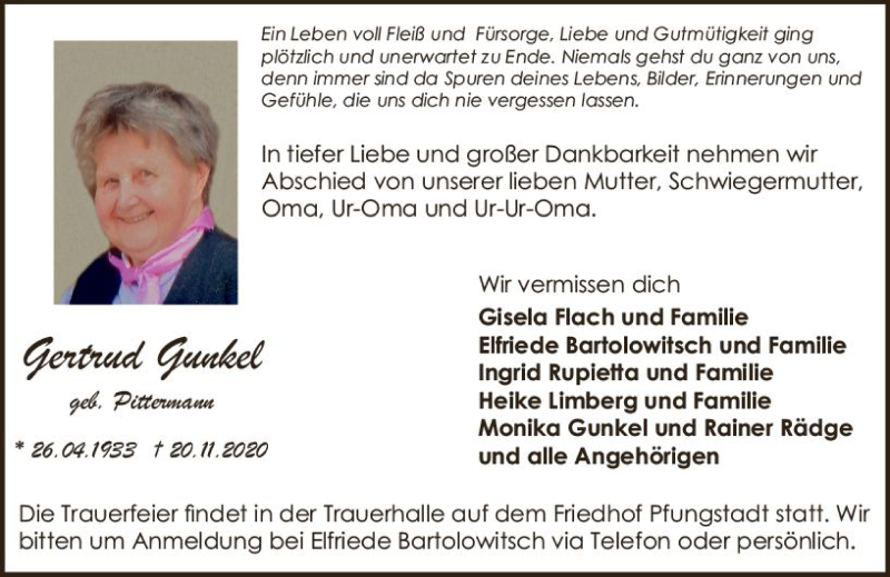  Traueranzeige für Gertrud Gunkel vom 28.11.2020 aus vrm-trauer