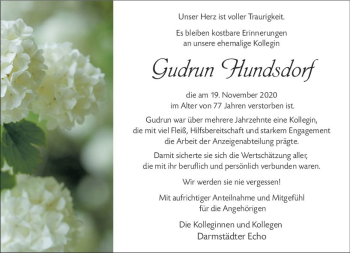 Traueranzeige von Gudrun Hundsdorf von vrm-trauer
