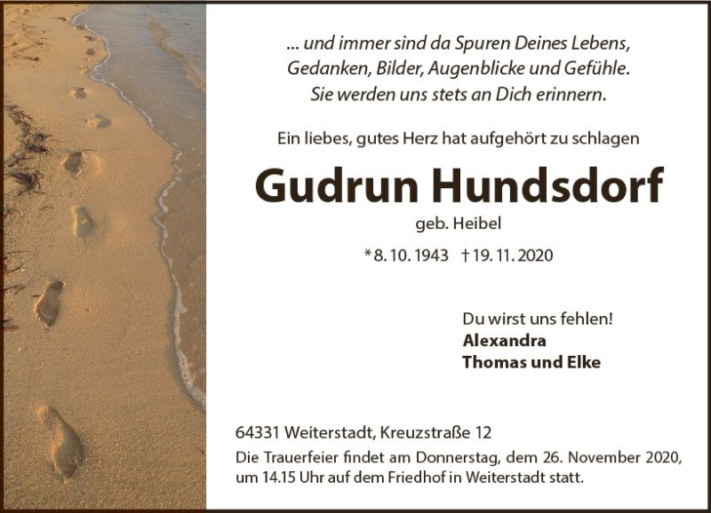  Traueranzeige für Gudrun Hundsdorf vom 25.11.2020 aus vrm-trauer